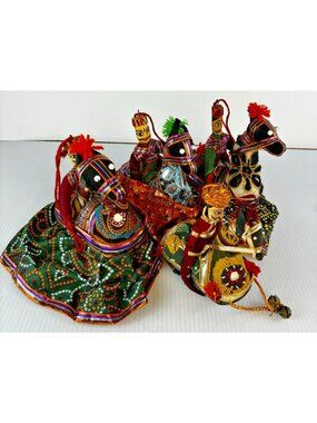 Lot 4 Vintage Indian Rajasthani Kathputli Horse Rider Puppet Ornaments Folk Art